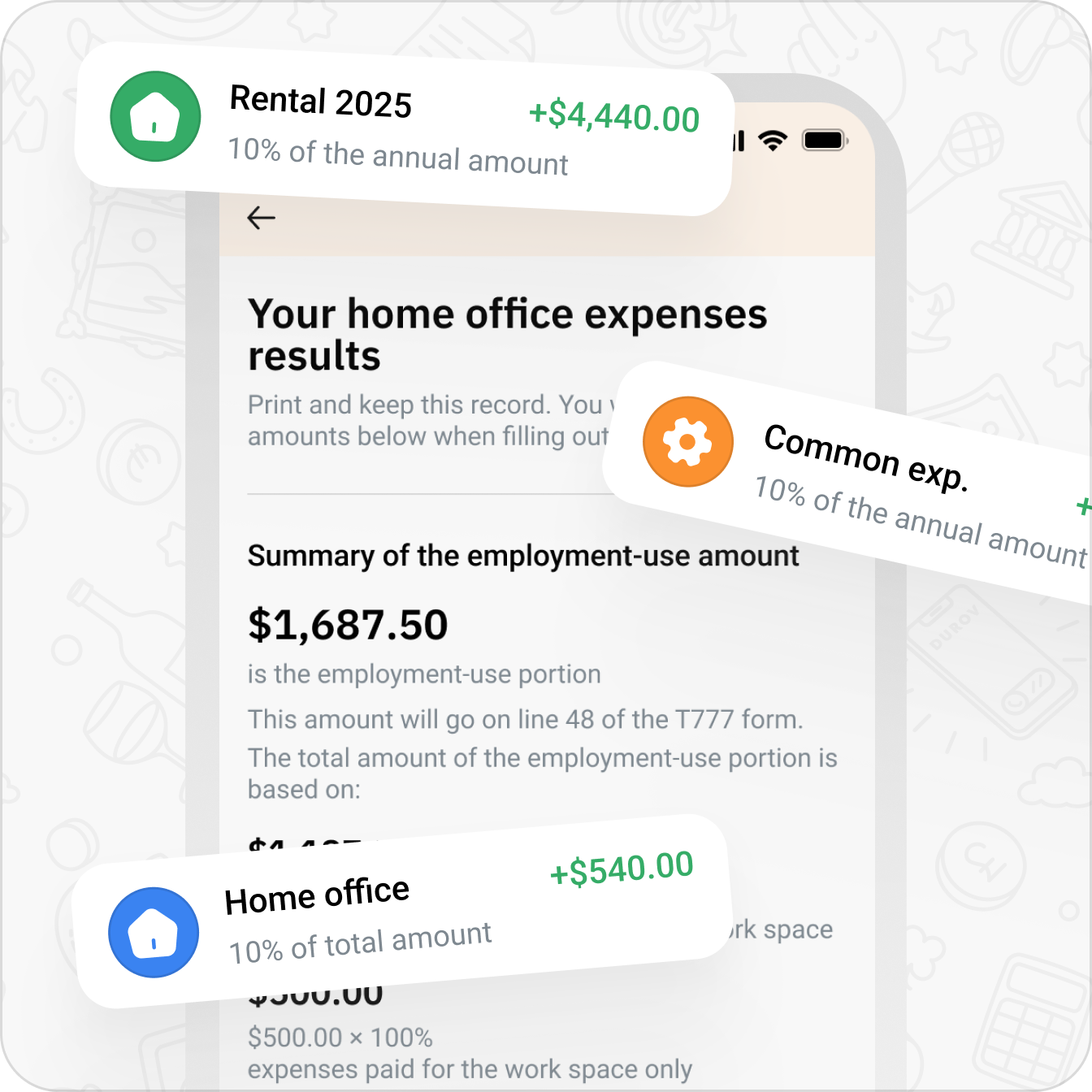 ReceiptOne app showing home office deduction results