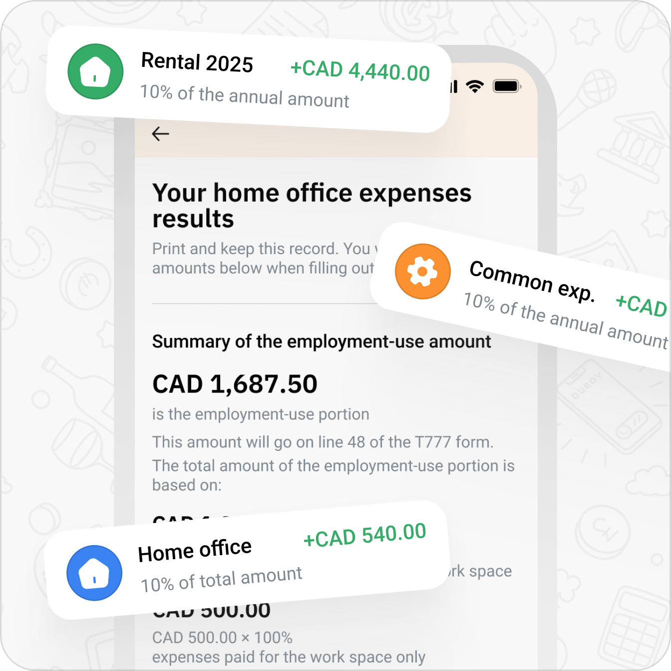 ReceiptOne app showing home office deduction results