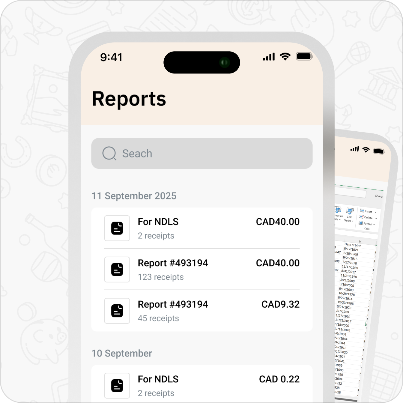 ReceiptOne app showing reports list